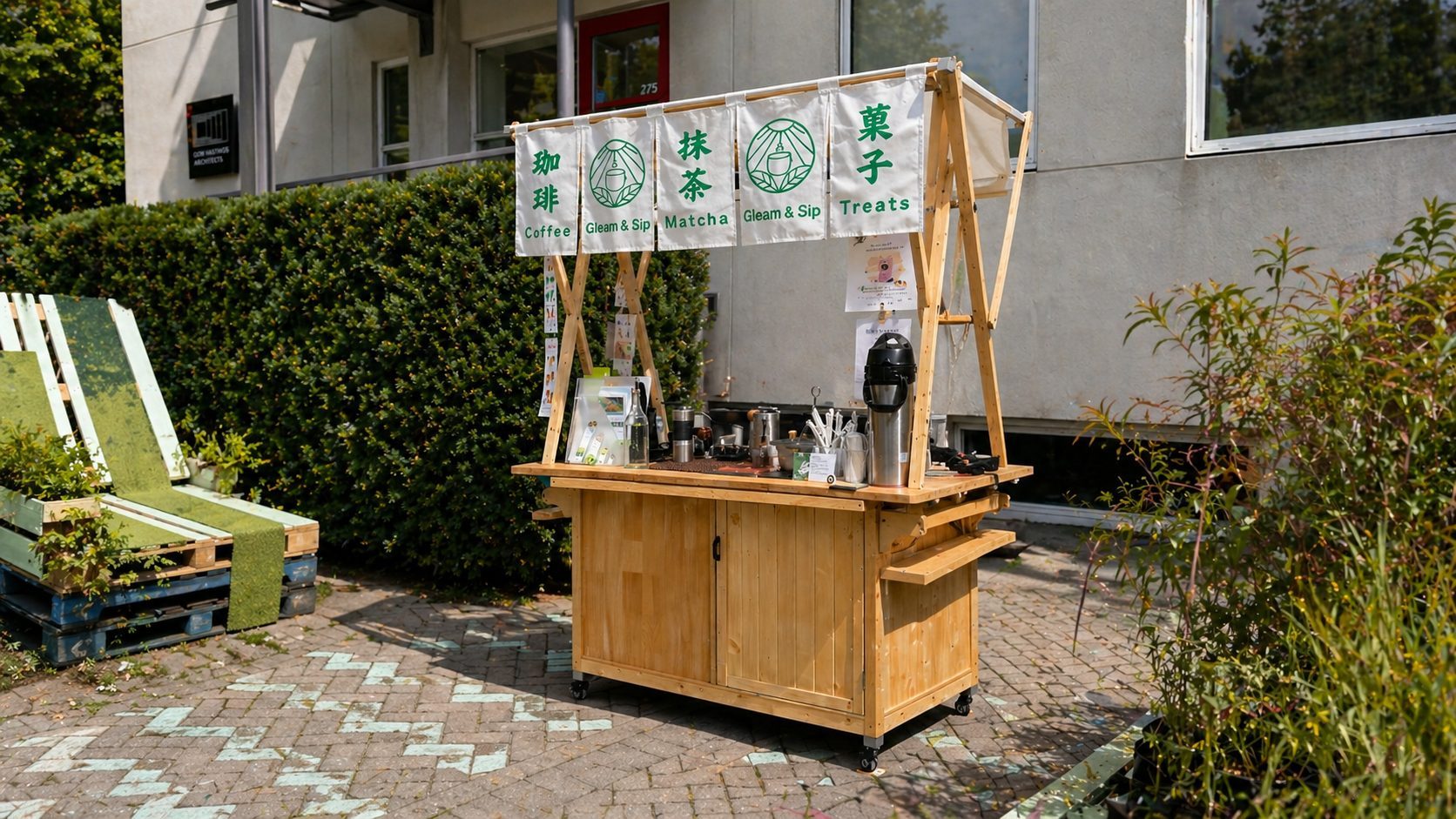 The Gleam & Sip matcha cart with green noren banners at an outdoor event in Toronto