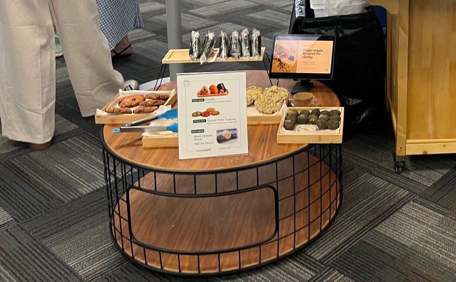 A spread of onigiri, gluten-free cookies and black sesame and matcha mochi at a Gleam & Sip corporate office activation in Toronto