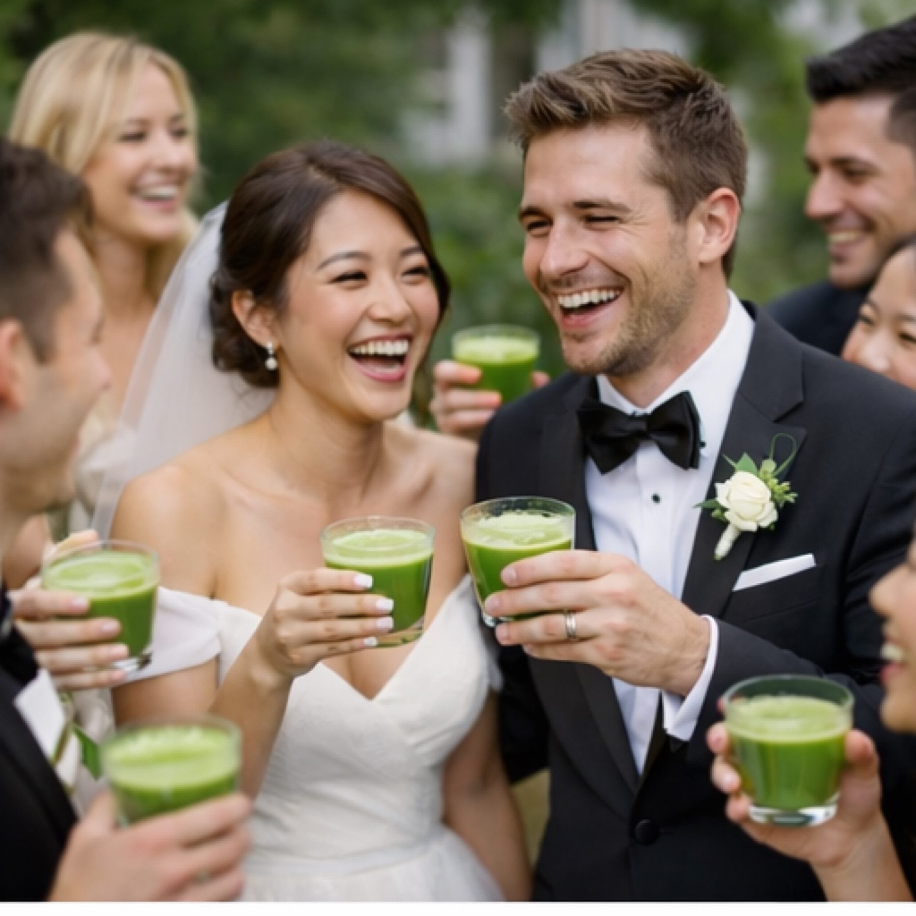 A newlywed couple and their guests laughing and toasting with iced matcha at a Toronto wedding