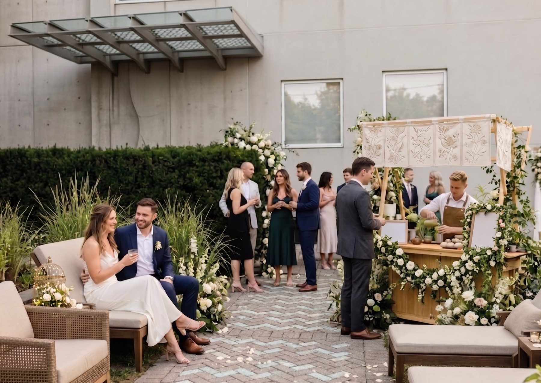 A Gleam & Sip matcha cart styled with white florals at an outdoor wedding reception in Toronto, with guests gathered and a couple seated nearby